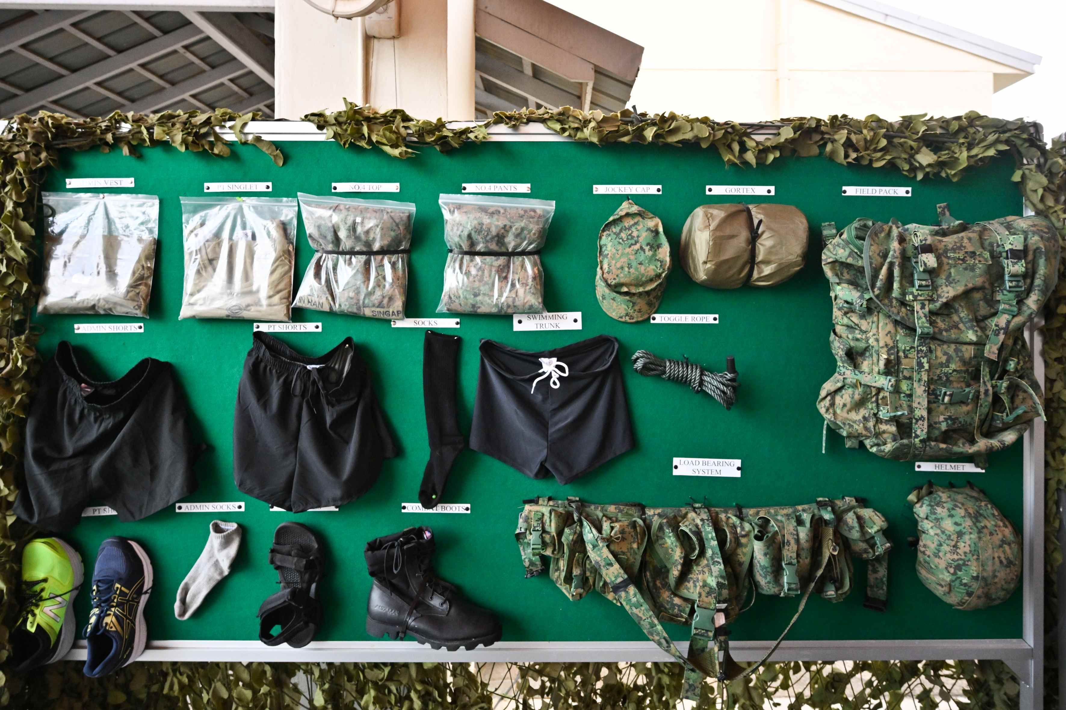 A display of the army equipment mounted on a board at the Basic Military Training Centre on Pulau Tekong.